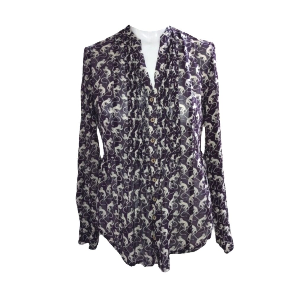 Maeve Purple Monkey Long Sleeve V-Neck Cotton Blouse Size 2 Careerwear Office